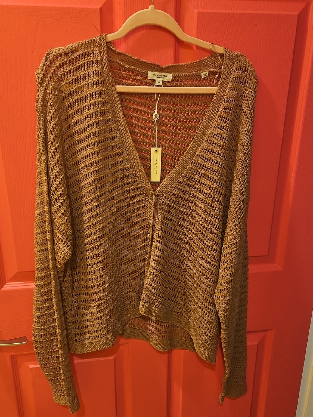 NWT! Max Studio Open-Knit V-Neck Sweater in Camel